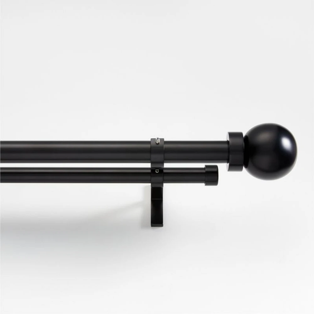 Black 1" Double Curtain Rod and Large Round End Cap Finials Set 88"-120"