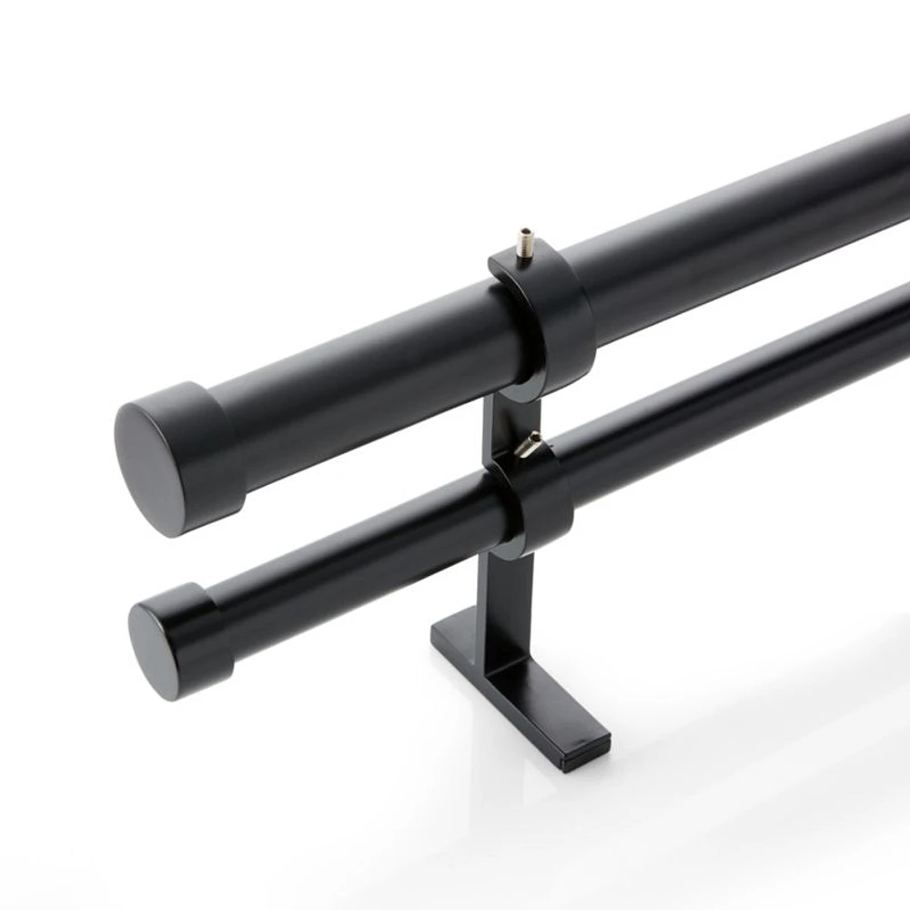 Matte Black 1" Double Curtain Rod and End Cap Finials Set 120"-170"
