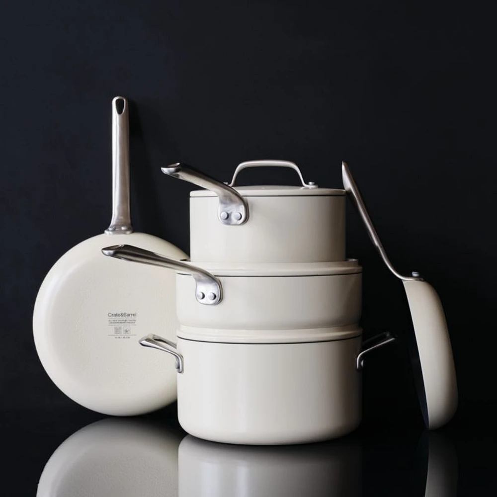 Crate & Barrel EvenCook Ceramic ™ Cream Nonstick 8-Piece Cookware Set with Bonus
