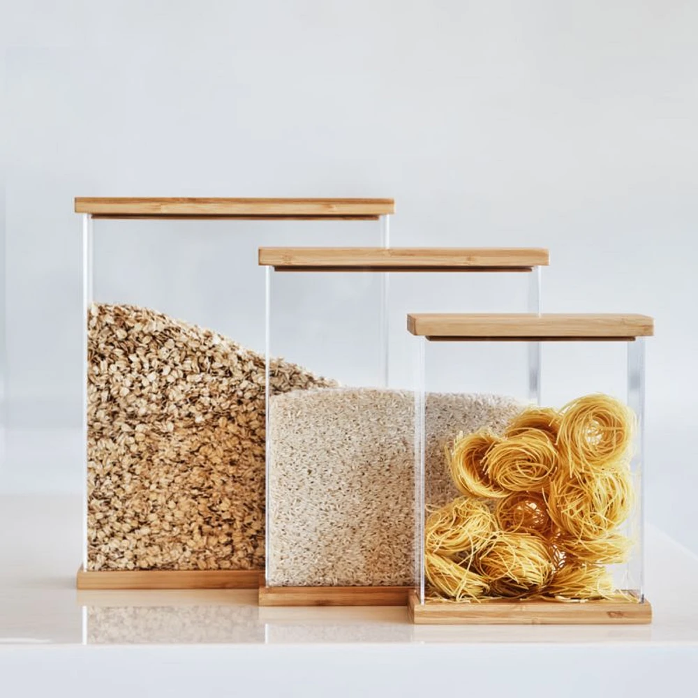Rectangular Acrylic Kitchen Pantry Storage Container with Bamboo Lid
