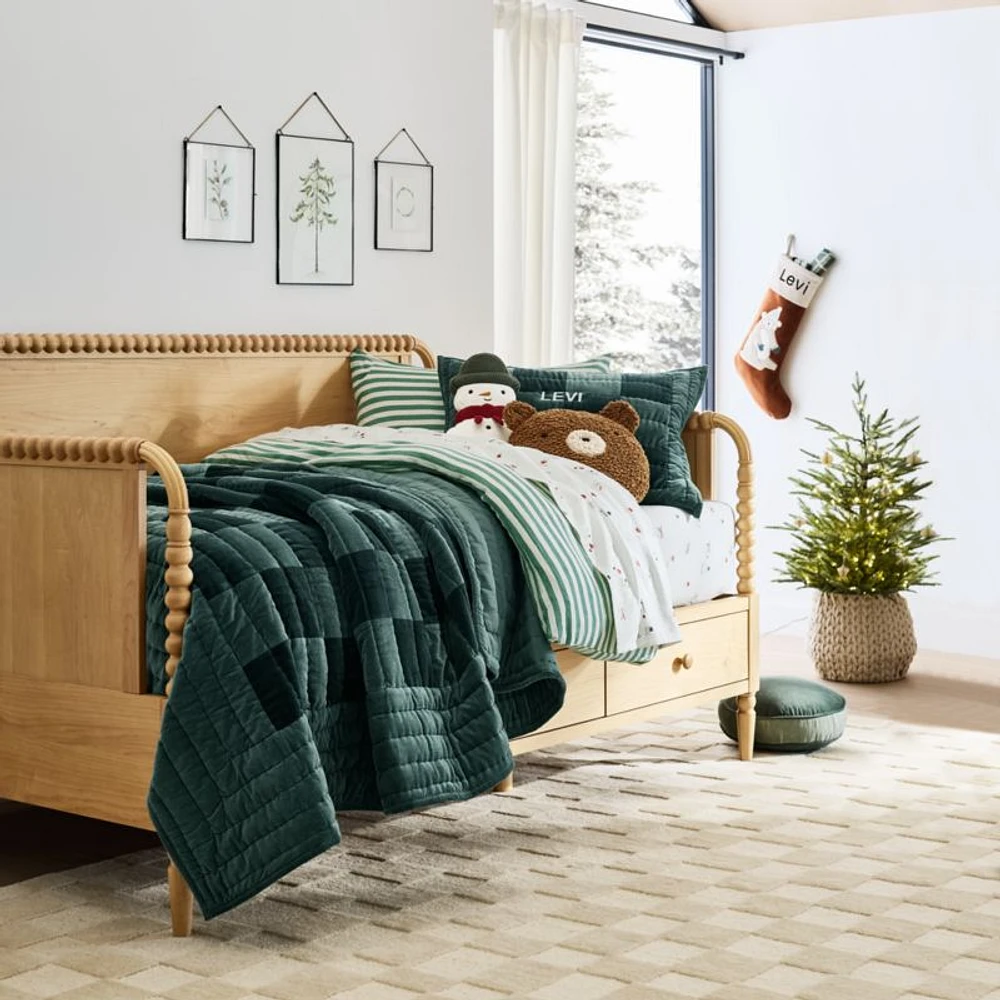 Checkerboard Pine Green Hand-Quilted Organic Cotton Velvet Kids Full/Queen Quilt