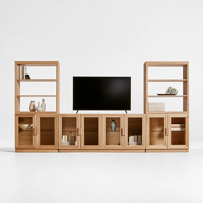 Calypso 144" Natural Wood Media Console Set with Glass Door Bookcase