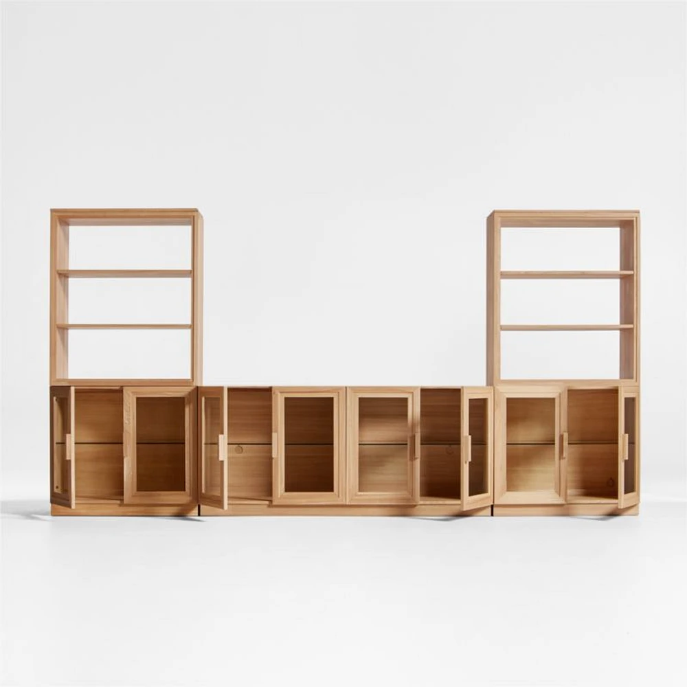 Calypso 144" Natural Wood Media Console Set with Glass Door Bookcase