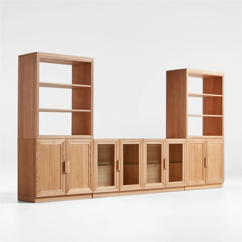 Calypso 144" Natural Wood Media Console Set with Wood Door Bookcase