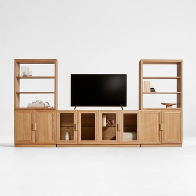Calypso 144" Natural Wood Media Console Set with Wood Door Bookcase