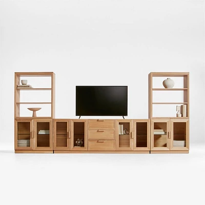 Calypso 162" Natural Wood Media Console Set with Glass Door Bookcase