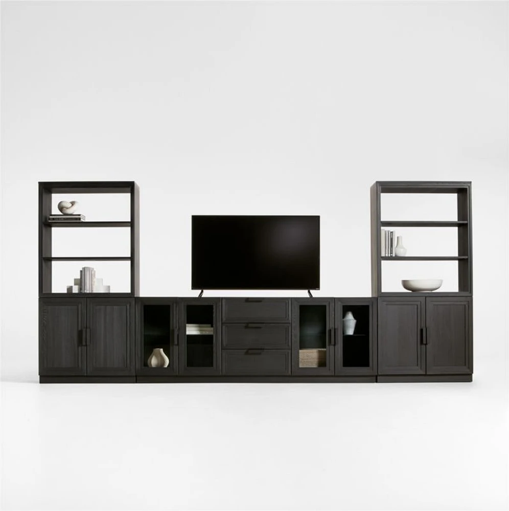 Calypso 162" Black Wood Media Console Set with Wood Door Bookcase