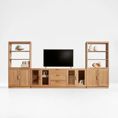 Calypso 162" Natural Wood Media Console Set with Wood Door Bookcase