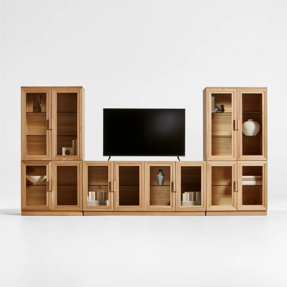 Calypso 144" Natural Wood Media Console Set with Glass Storage Cabinet