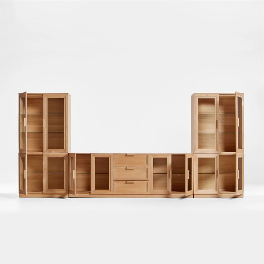 Calypso Natural Wood 162" Media Console Set with Glass Storage Cabinet