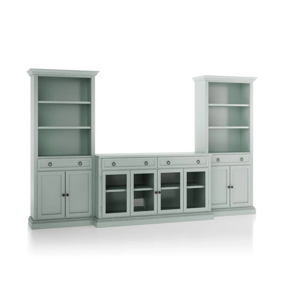 Cameo Blue Grey 3-Piece Glass Door Entertainment Center with Storage Bookcases