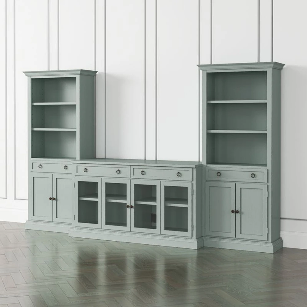 Cameo Blue Grey 3-Piece Glass Door Entertainment Center with Storage Bookcases