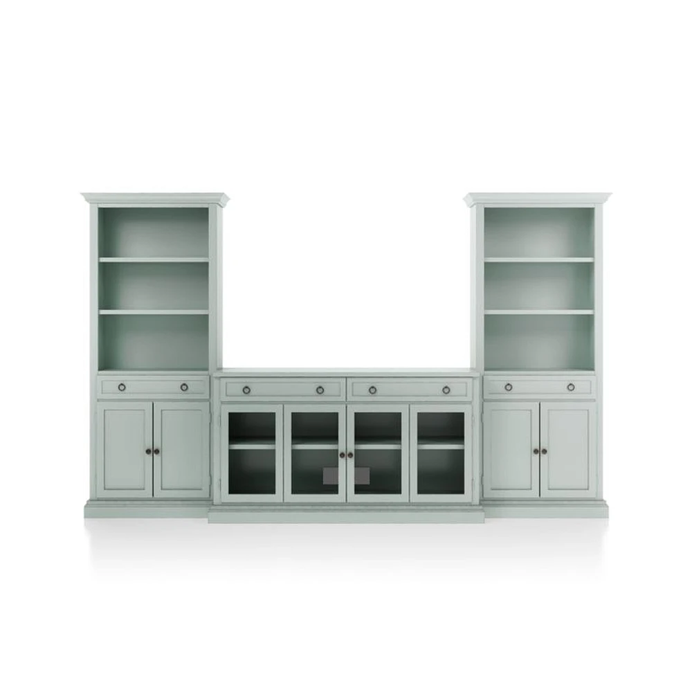 Cameo Blue Grey 3-Piece Glass Door Entertainment Center with Storage Bookcases