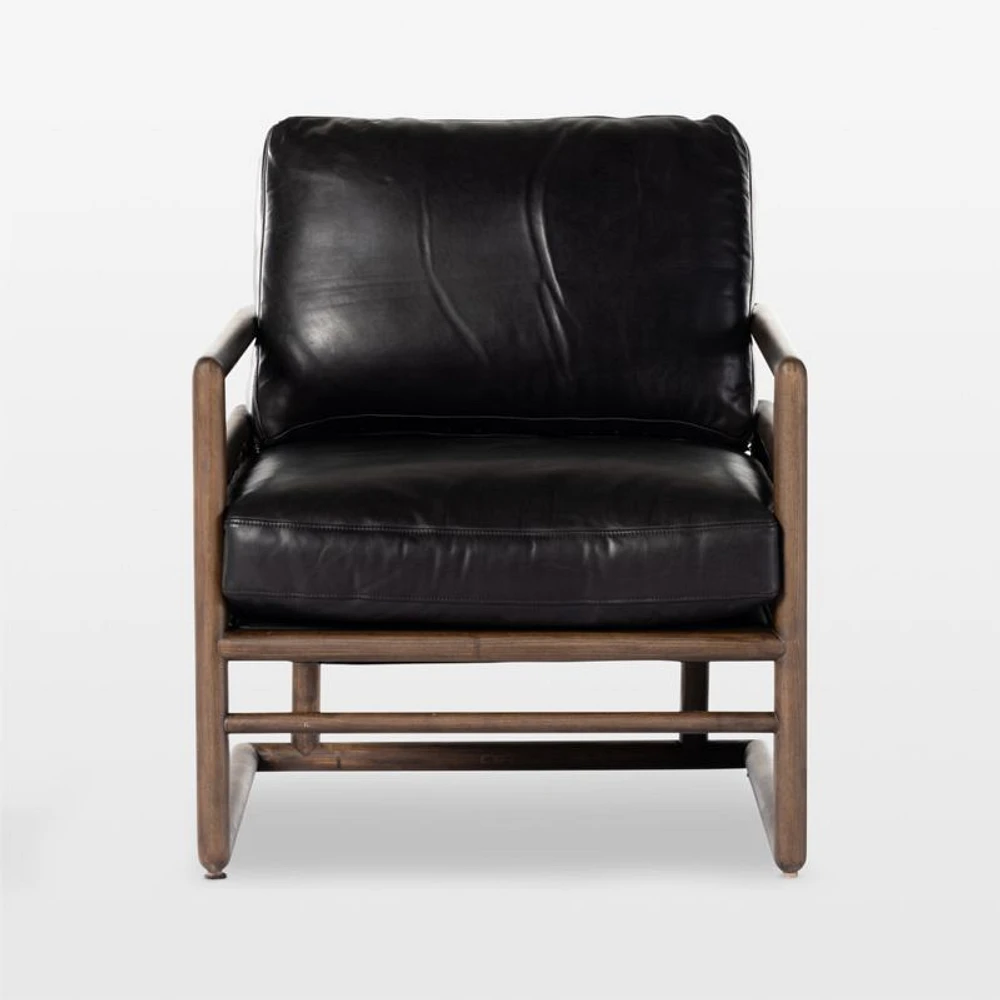 Carlin Antique Black Leather and Cane Accent Chair