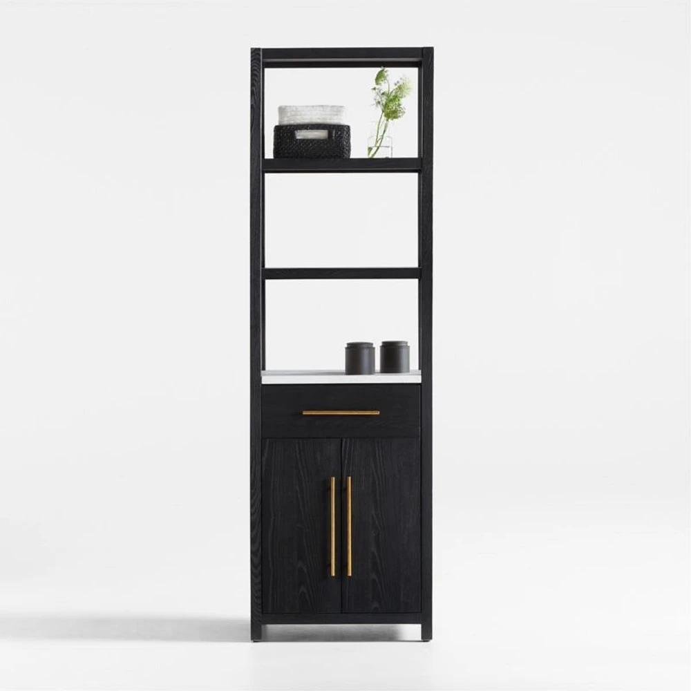 Carmen Tall White Marble Shelf and Black Ash Wood Bathroom Storage Tower