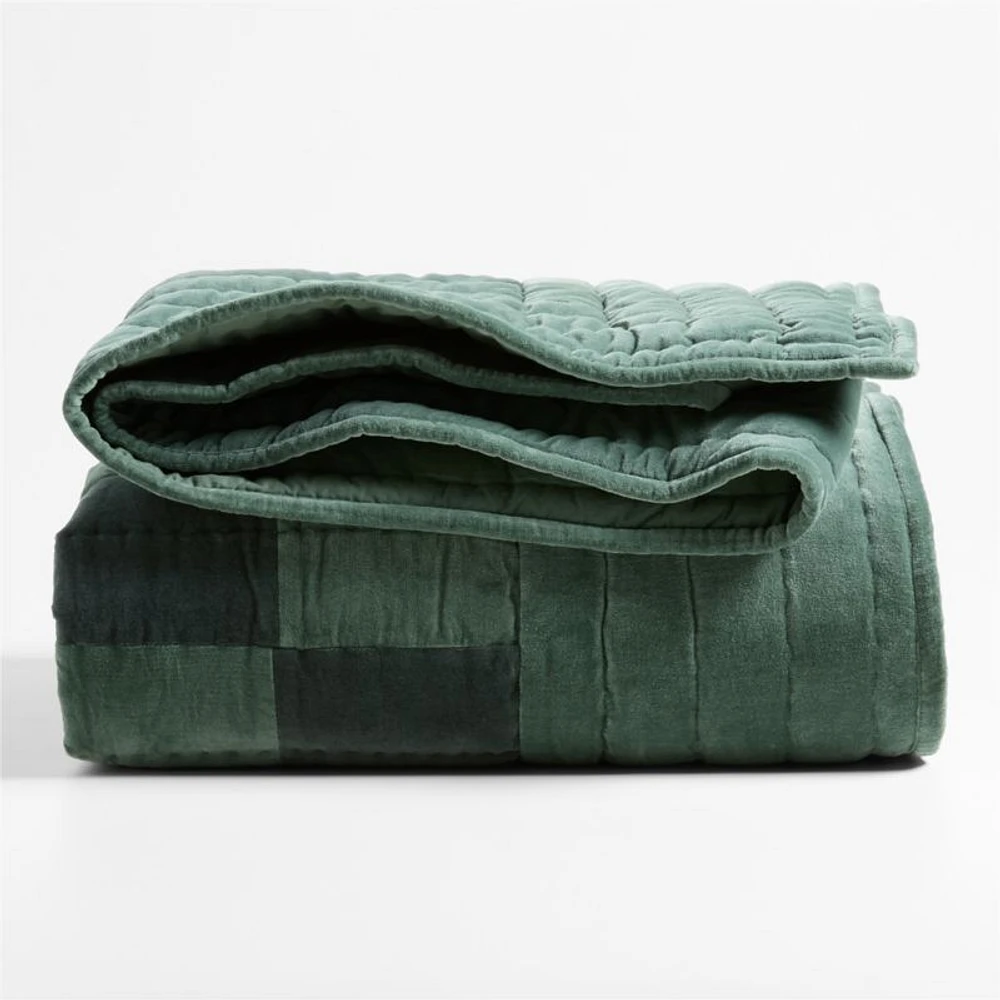 Checkerboard Pine Green Hand-Quilted Organic Cotton Velvet Kids Twin Quilt
