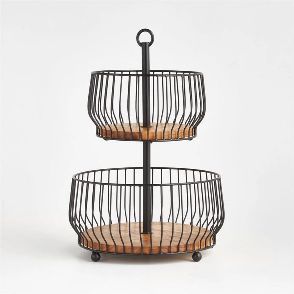 Cora Acacia Wood Black 2-Tier Fruit Basket