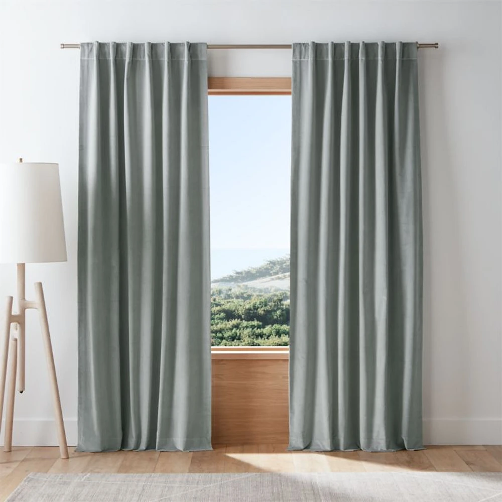 Mist Blue Cotton Velvet Window Curtain Panel with Lining 48"x96"