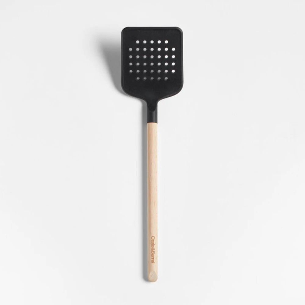 Crate & Barrel Black Silicone and Wood Slotted Turner Spatula