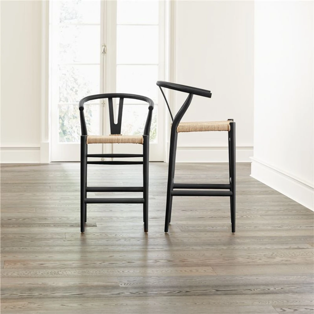 Crescent Black Wood Wishbone Counter Stool