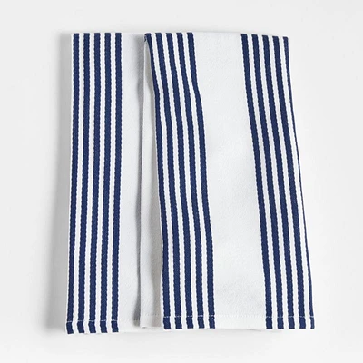 Cuisine White with Indigo Stripe Organic Cotton Dish Towels, Set of 2
