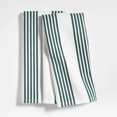 Cuisine White with Green Stripe Organic Cotton Dish Towels, Set of 2