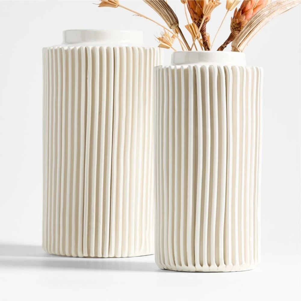 Della Small White Ceramic Ribbed Vase 12"