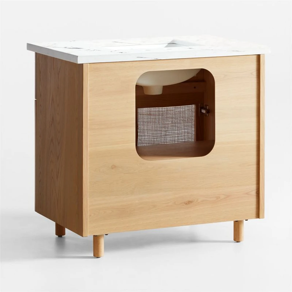 Eli 36" White Marble Top Single Sink Vanity with Cane and Natural Oak Wood Doors