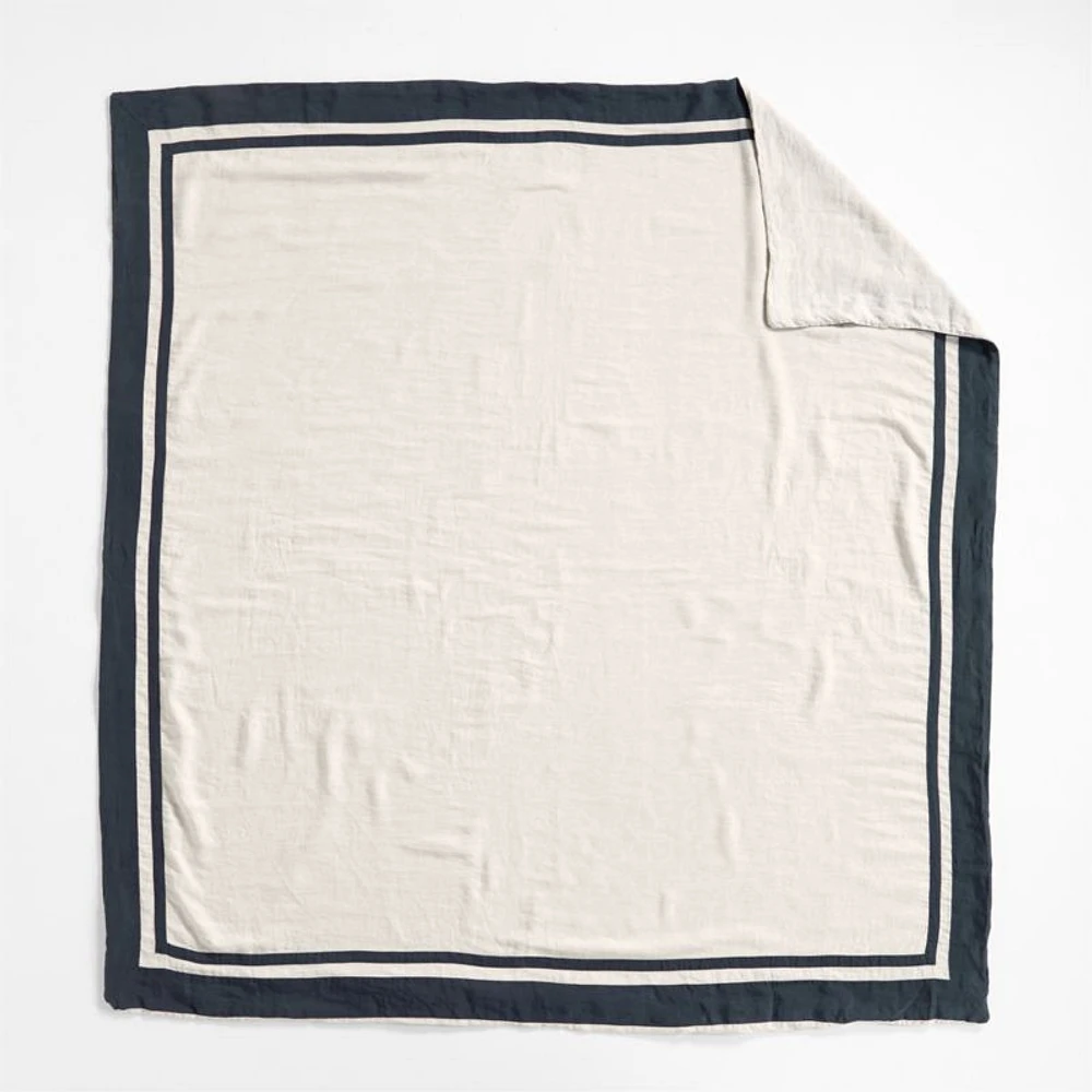 Aire Natural EUROPEAN FLAX ™-Certified Linen Arcadia Tan and Midnight Navy Border Full/Queen Duvet Cover