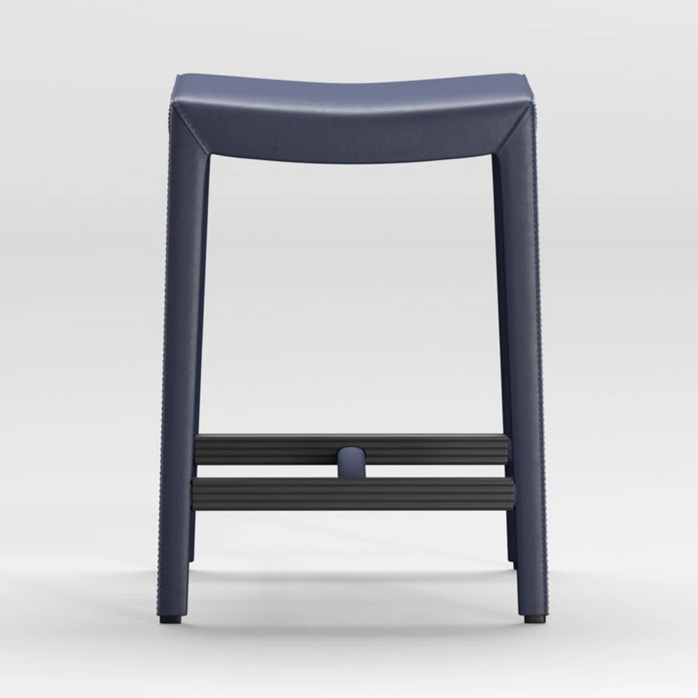 Folio Deep Blue Top-Grain Leather Backless Counter Stool