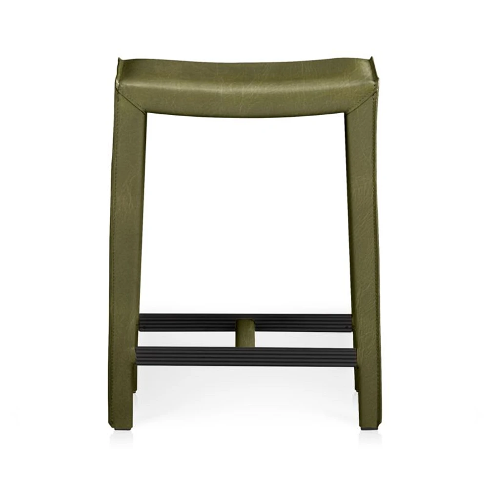 Folio Olive Green Top-Grain Leather Backless Counter Stool