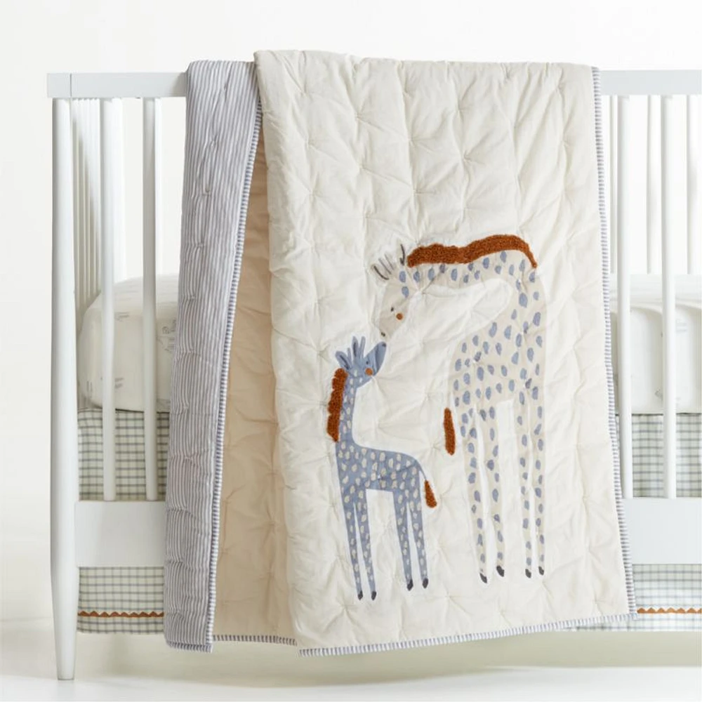 Giraffe Embroidered Hand-Quilted Organic Cotton Baby Crib Quilt