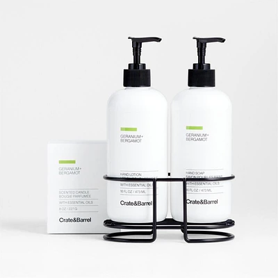 Geranium + Bergamot Hand Soap, Lotion and Candle Gift Set with Matte Black Caddy
