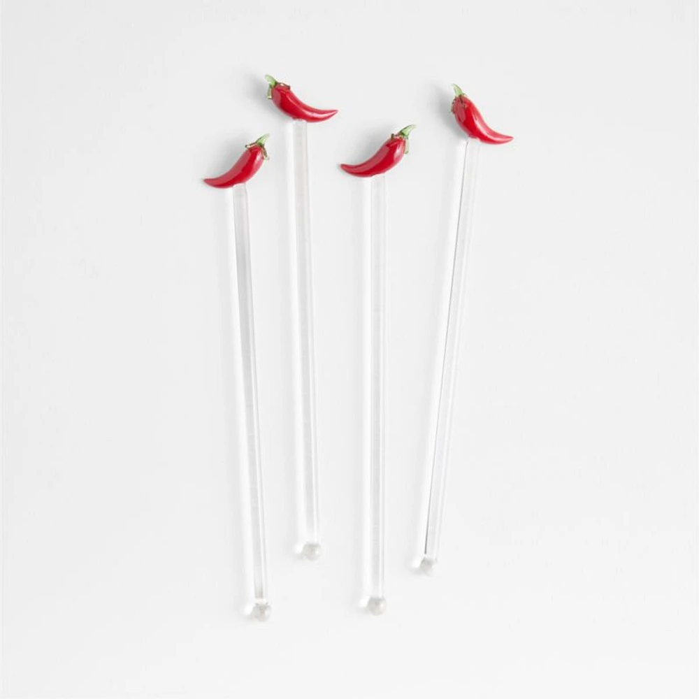 Chili Pepper Icon Glass Drink Stirrers, Set of 4