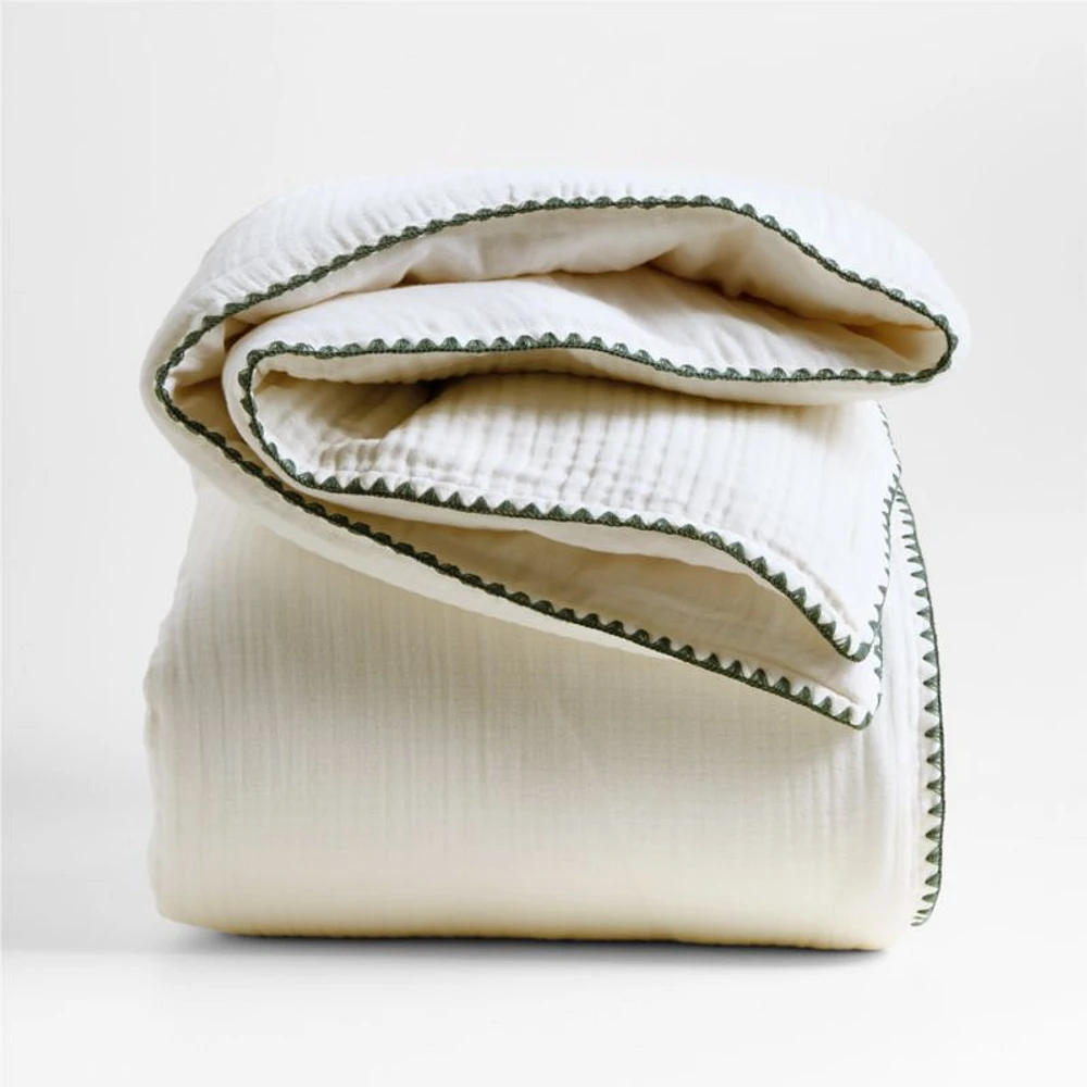 Beckett Pampas Ivory Supersoft Luxe Embroidered Beachglass Green Edge Organic Cotton Kids Full/Queen Duvet By Jake Arnold