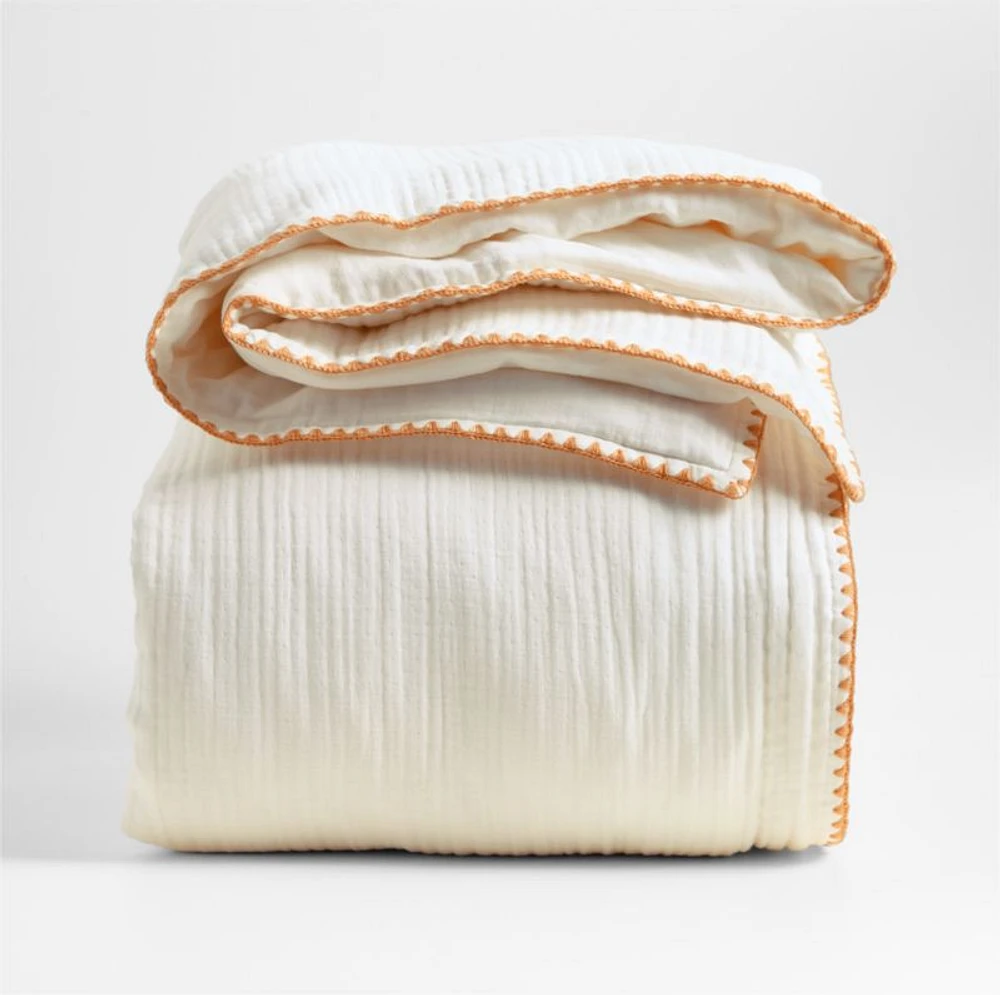 Beckett Pampas Ivory Supersoft Luxe Embroidered Sunwashed Pink Edge Organic Cotton Kids Full/Queen Duvet By Jake Arnold