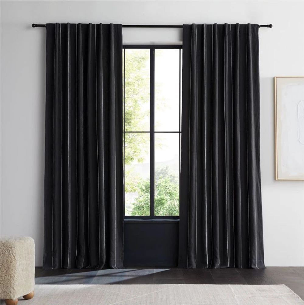 Storm Grey & Crisp White Linen Double Pinstripe Blackout Window Curtain Panel 52"x120"