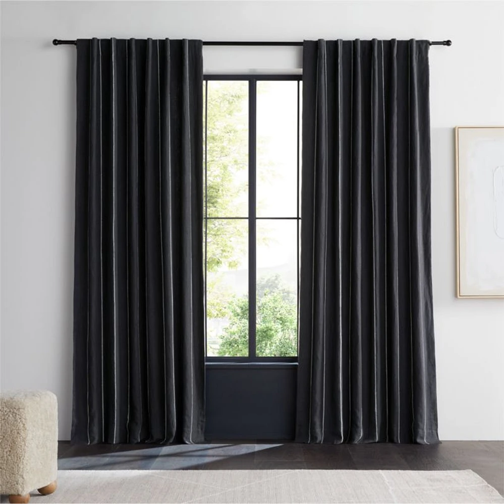 Storm Grey & Crisp White Linen Double Pinstripe Window Curtain Panel 52"x108"