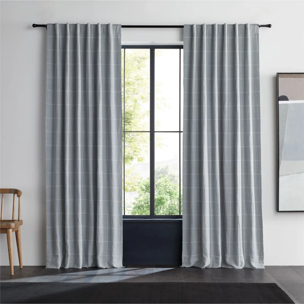 Mist Blue & Crisp White Linen Double Pinstripe Grid Blackout Window Curtain Panel 52"x84"