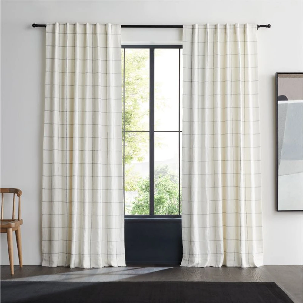 Pampas Ivory & Storm Grey Linen Double Pinstripe Grid Blackout Window Curtain Panel 52"x84"