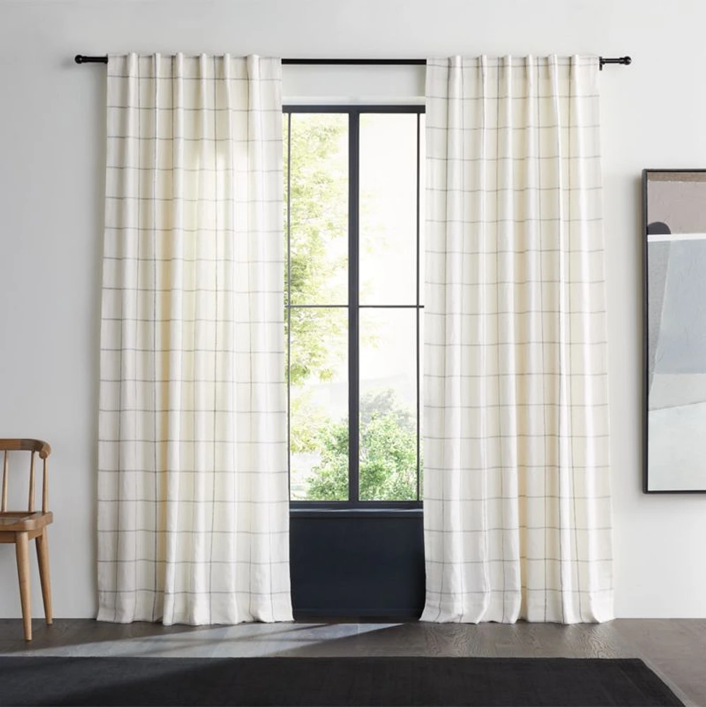 Pampas Ivory & Storm Grey Linen Double Pinstripe Grid Window Curtain Panel 52"x96"
