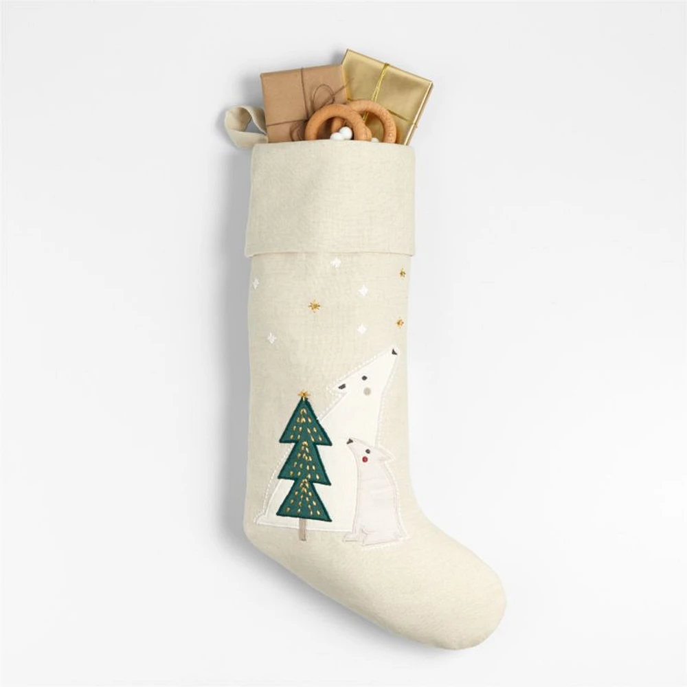Linen Polar Bear Kids Christmas Stocking
