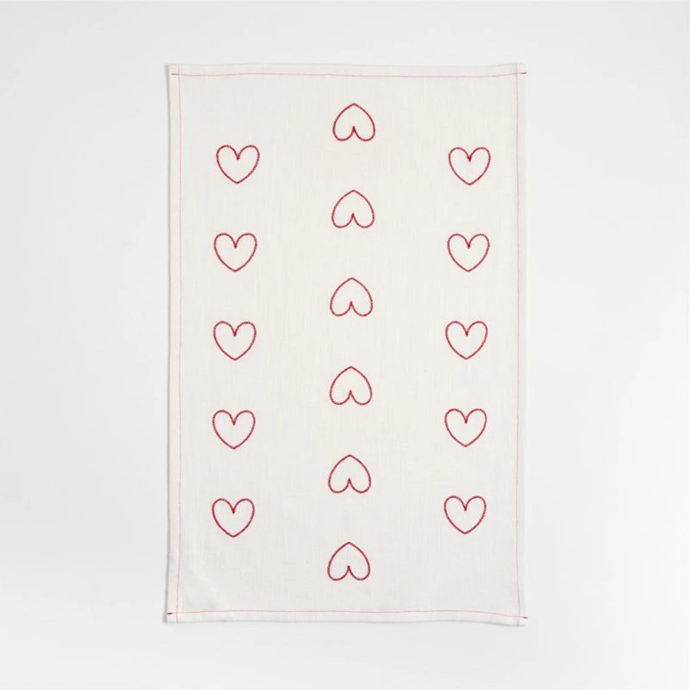 LOVE and Heart Print Embroidered Organic Cotton Dish Towels, Set of 2