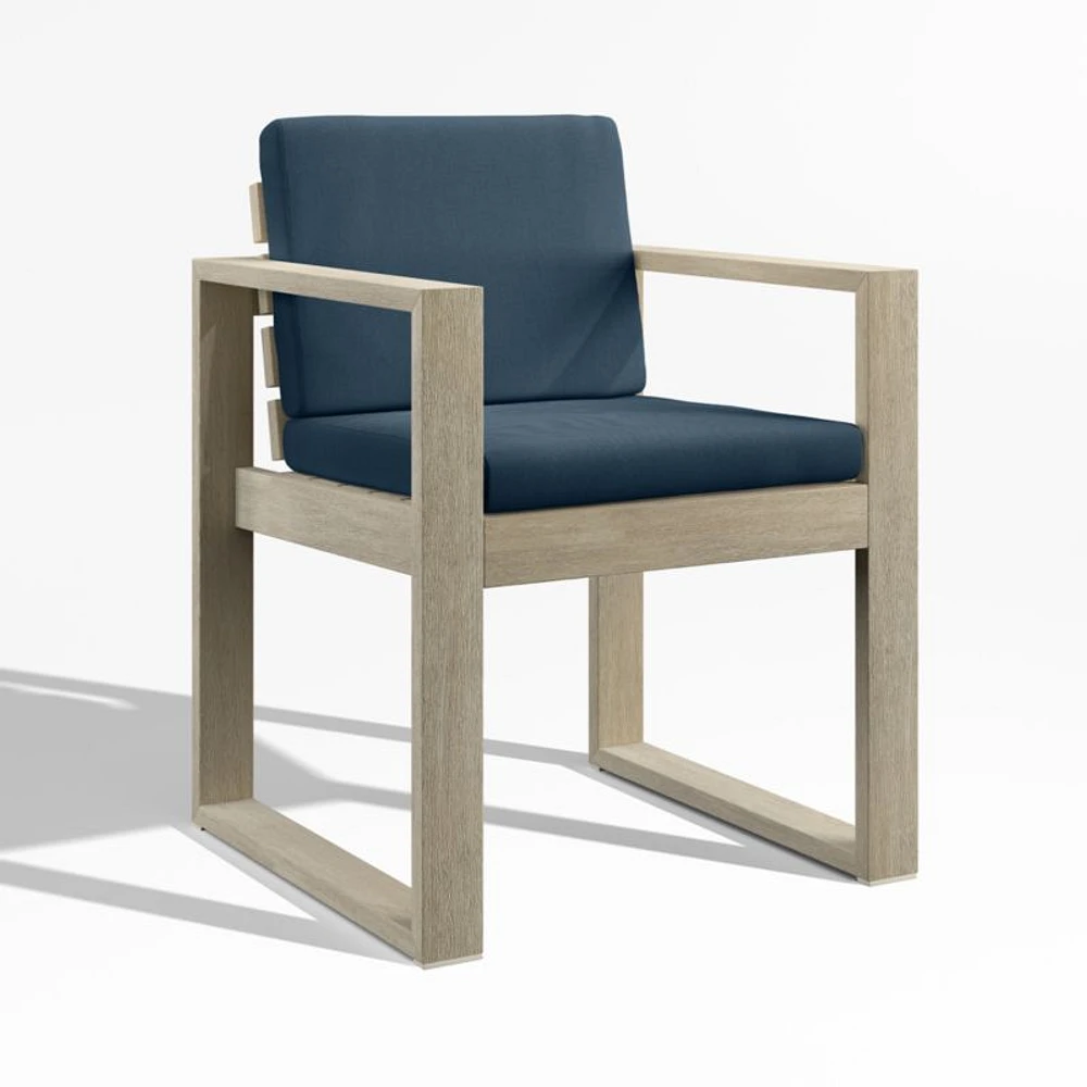 Mallorca Wood Outdoor Dining Arm Chair with Cast Harbor Navy Blue Sunbrella ® Cushions