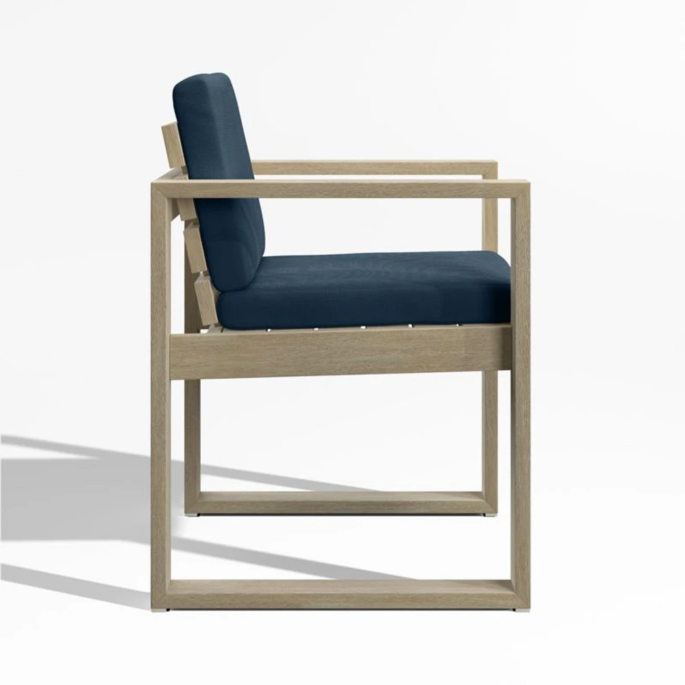 Mallorca Wood Outdoor Dining Arm Chair with Cast Harbor Navy Blue Sunbrella ® Cushions