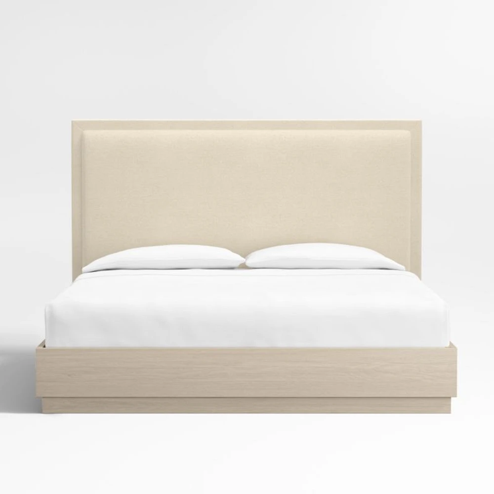Meraux Ivory Upholstered King Headboard with White Oak Bed Base
