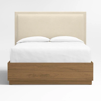 Meraux 56" Ivory Upholstered Queen Headboard with Batten Oak Storage Bed Base
