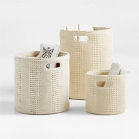 Nella Cream Cotton Waffle Weave Small Shelf Bin with Handles