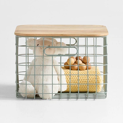 Outline Sage Medium Wire Metal Floor Storage Bin with Wood Lid
