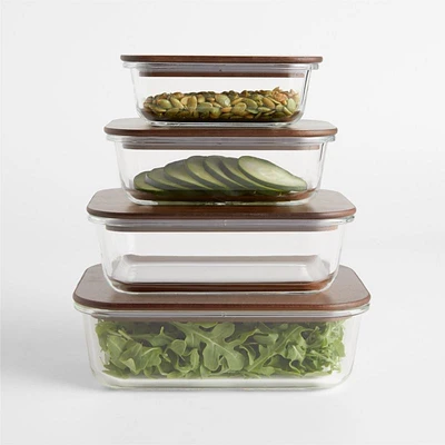 8-Piece Rectangular Glass Food Storage Container Set with FSC-Certified Dark Acacia Wood Lids